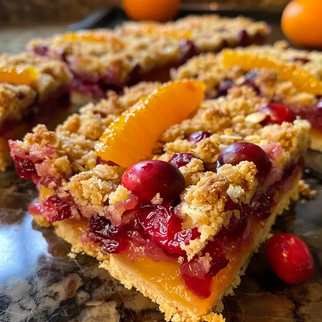 Side angle of a fresh Cranberry Orange Crumble Bar with a crumbly topping.