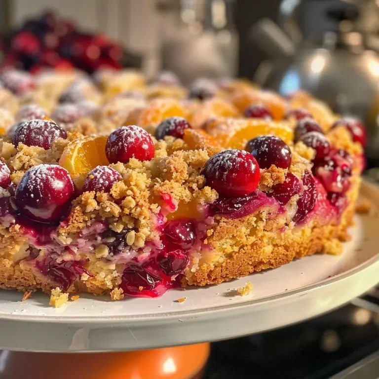 Harnessing the Brightness of Citrus: A Delightful Cranberry Orange Crumble Cake A side view of a moist cranberry orange crumble cake with a golden-brown crumble topping.