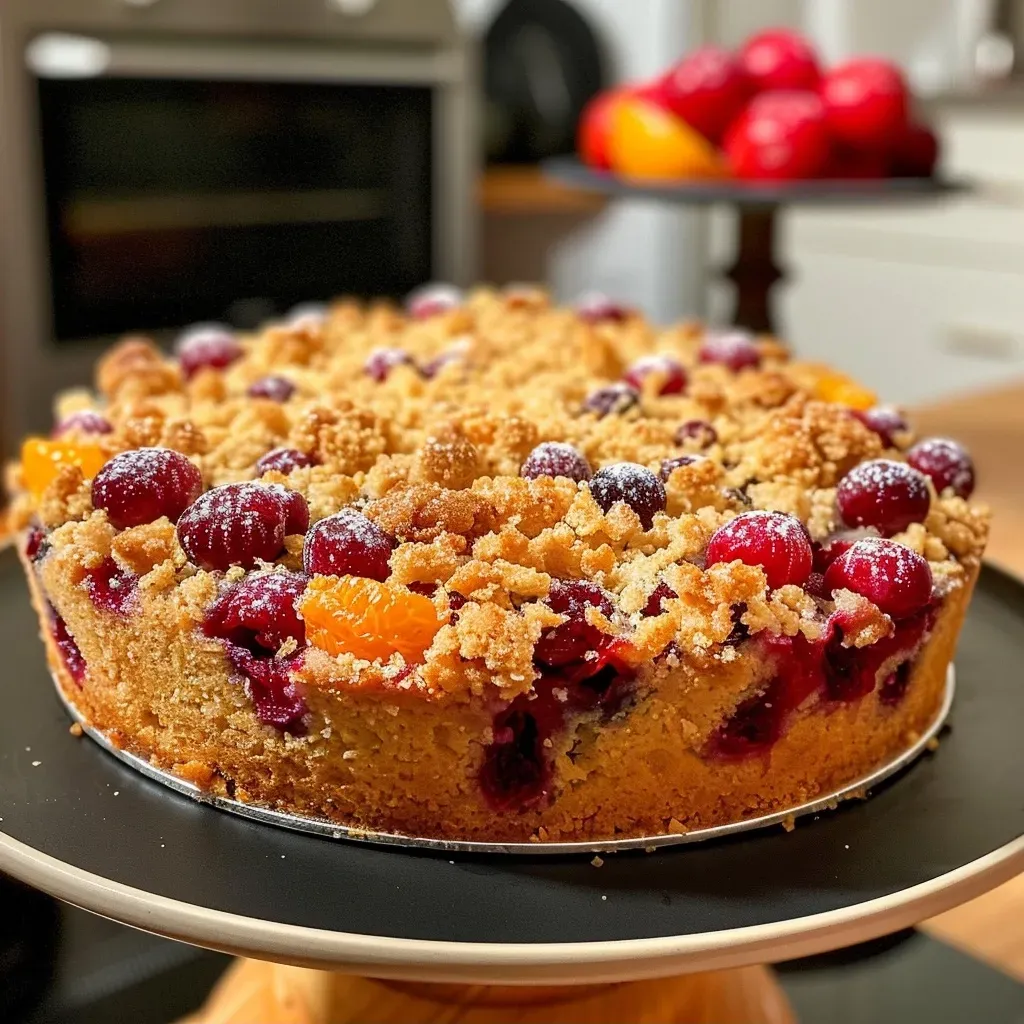 Close-up view of a freshly baked cranberry orange crumble cake, showcasing its layers and texture.