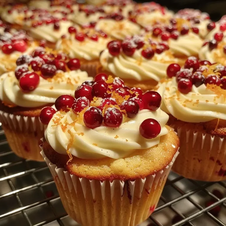 A Burst of Flavor: Crafting Delightful Cranberry Orange Cupcakes A close-up side view of vibrant cranberry orange cupcakes topped with cream cheese frosting.