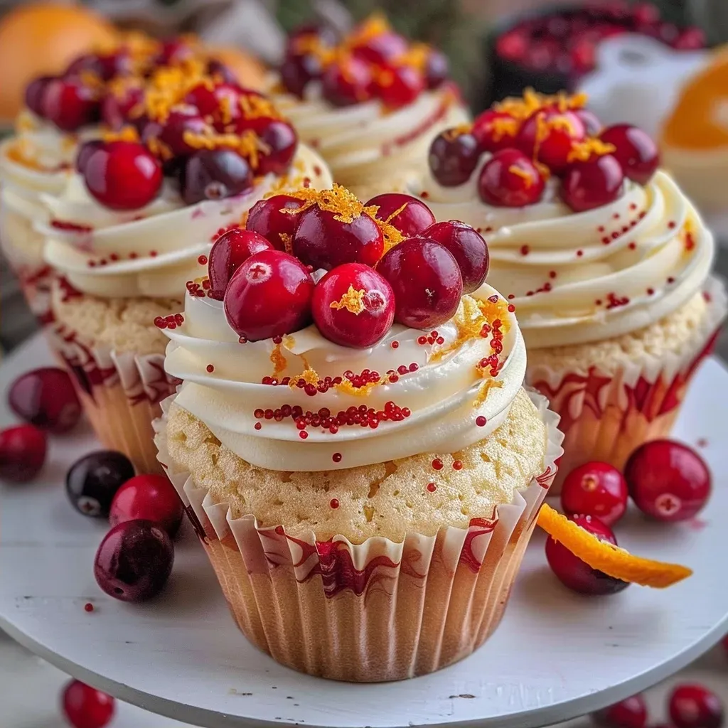 Freshly baked cranberry orange cupcakes with a swirl of white frosting and a sprinkle of cranberries.
