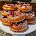 Close-up of a golden Cranberry Orange Donut with a glossy orange glaze and pieces of cranberries visible.