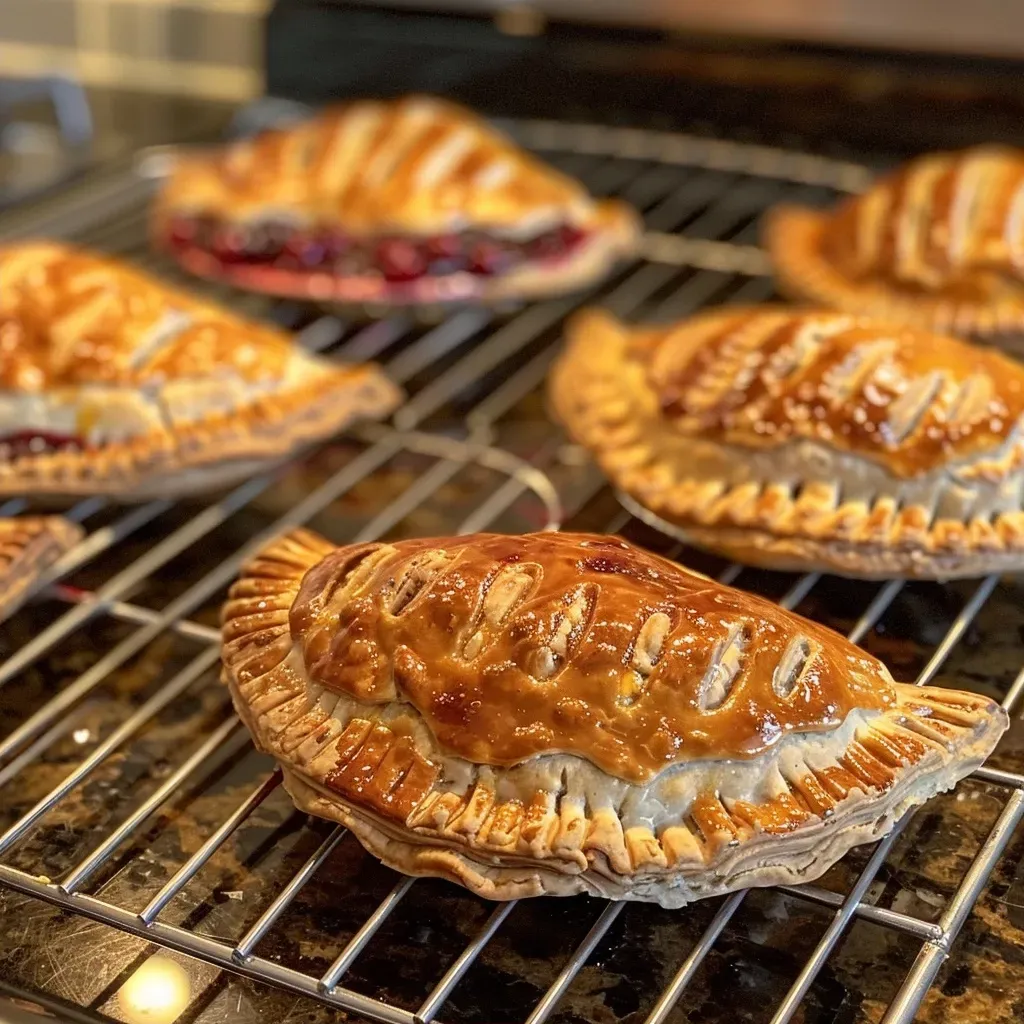 Side view of freshly baked cranberry orange hand pies, glistening with sugar.