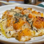 Close-up view of a creamy butternut bake with golden edges and smooth texture.