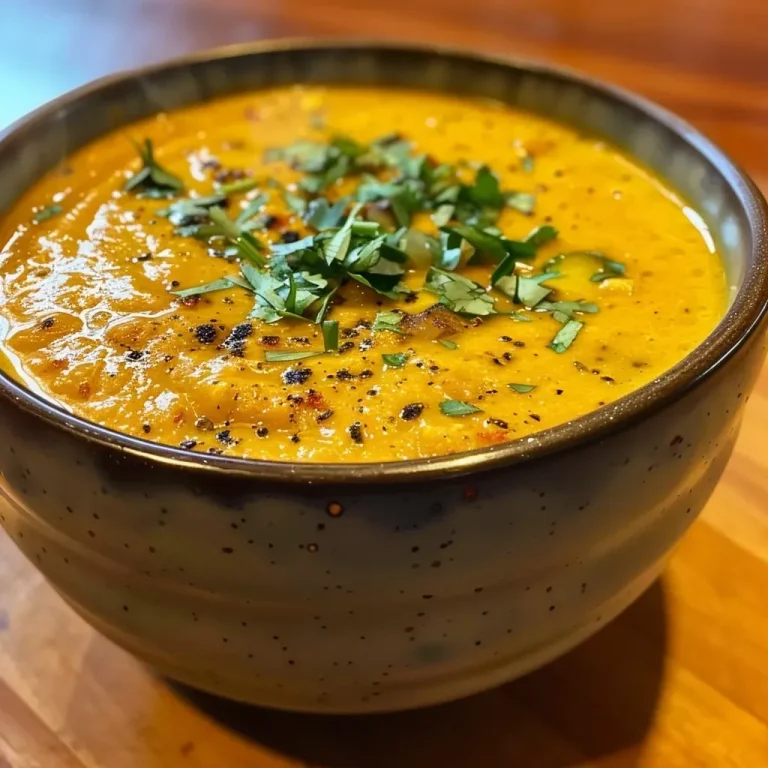 Close-up view of a creamy pumpkin curry soup in a bowl, with spices and herbs visible.