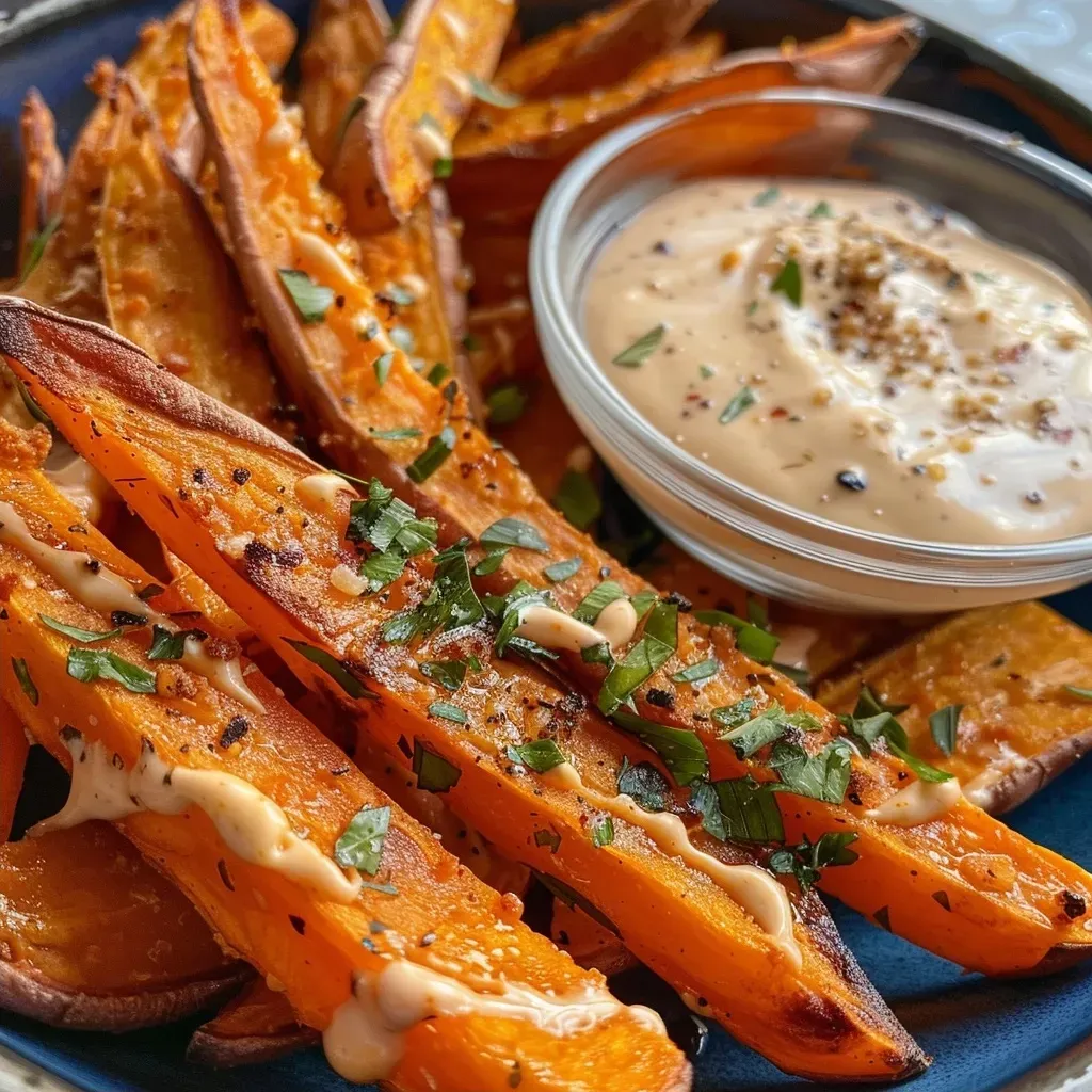 Side view of a luscious sauce made for sweet potato fries, showcasing its creamy texture.