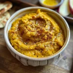 Close-up of a creamy Curry Pumpkin Dip served in a bowl with dipping chips.