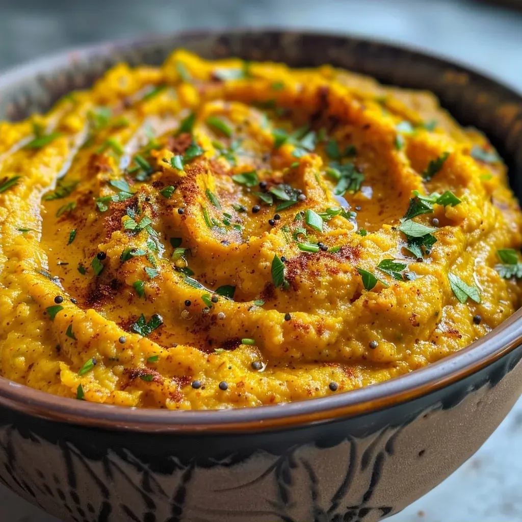 Side view of Curry Pumpkin Dip garnished with herbs, surrounded by colorful dipping vegetables.