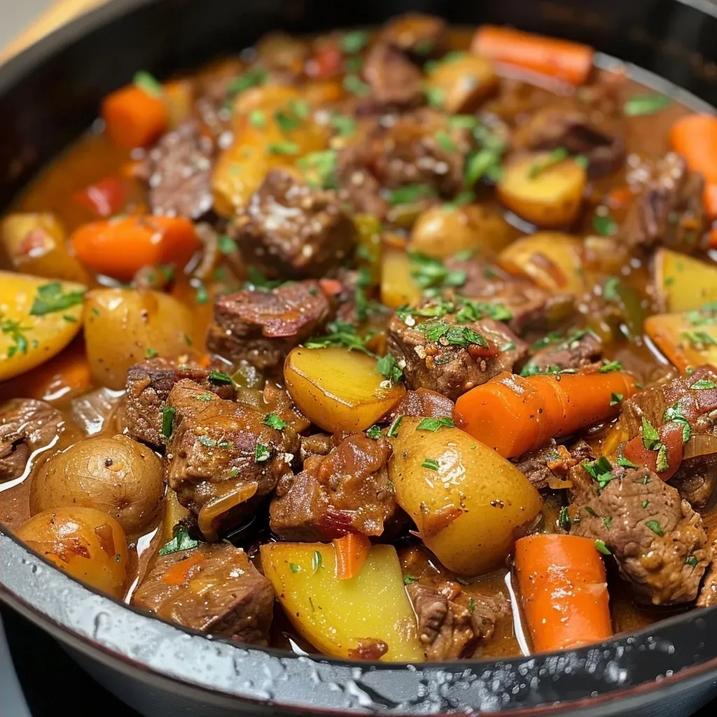 Juicy beef stew with colorful vegetables presented in a Dutch oven.