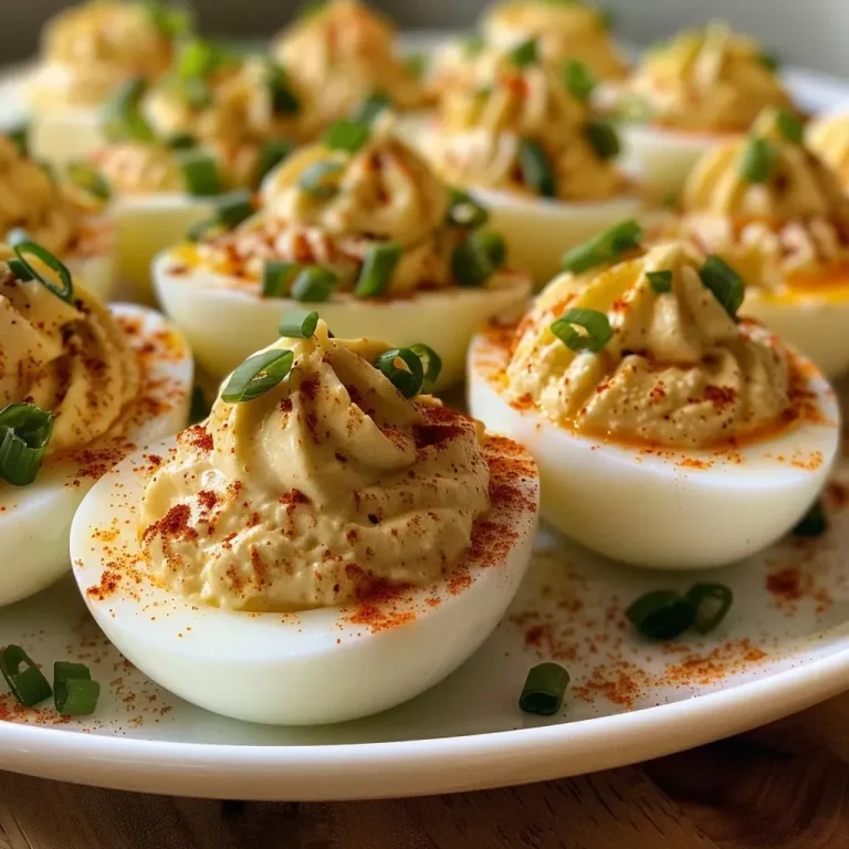 Elevate Your Appetizer Game with These Easy Deviled Eggs Close-up view of deviled eggs topped with green onions and olives.