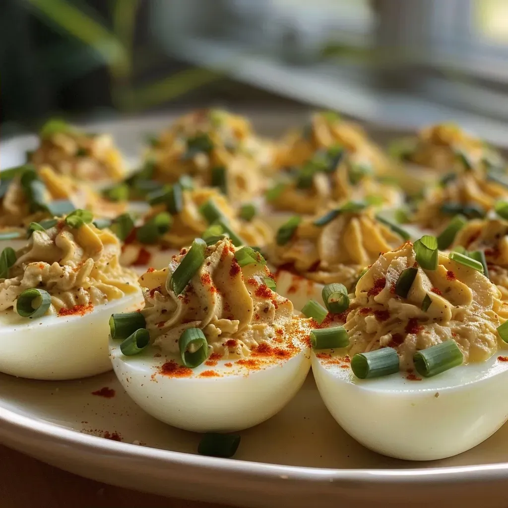 Side view of a plate of creamy deviled eggs garnished with herbs.
