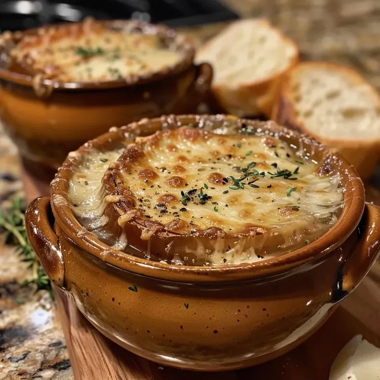 A Heartwarming Bowl: The Art of Crafting Easy French Onion Soup Close-up view of a bowl of Easy French Onion Soup topped with melted cheese and baguette slices.