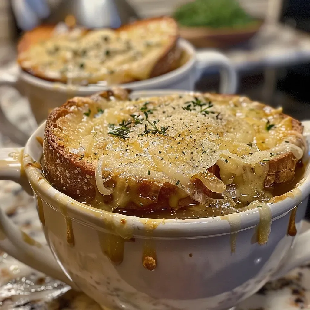 Side angle shot of a warm bowl of French Onion Soup with a crusty baguette and cheese on top.