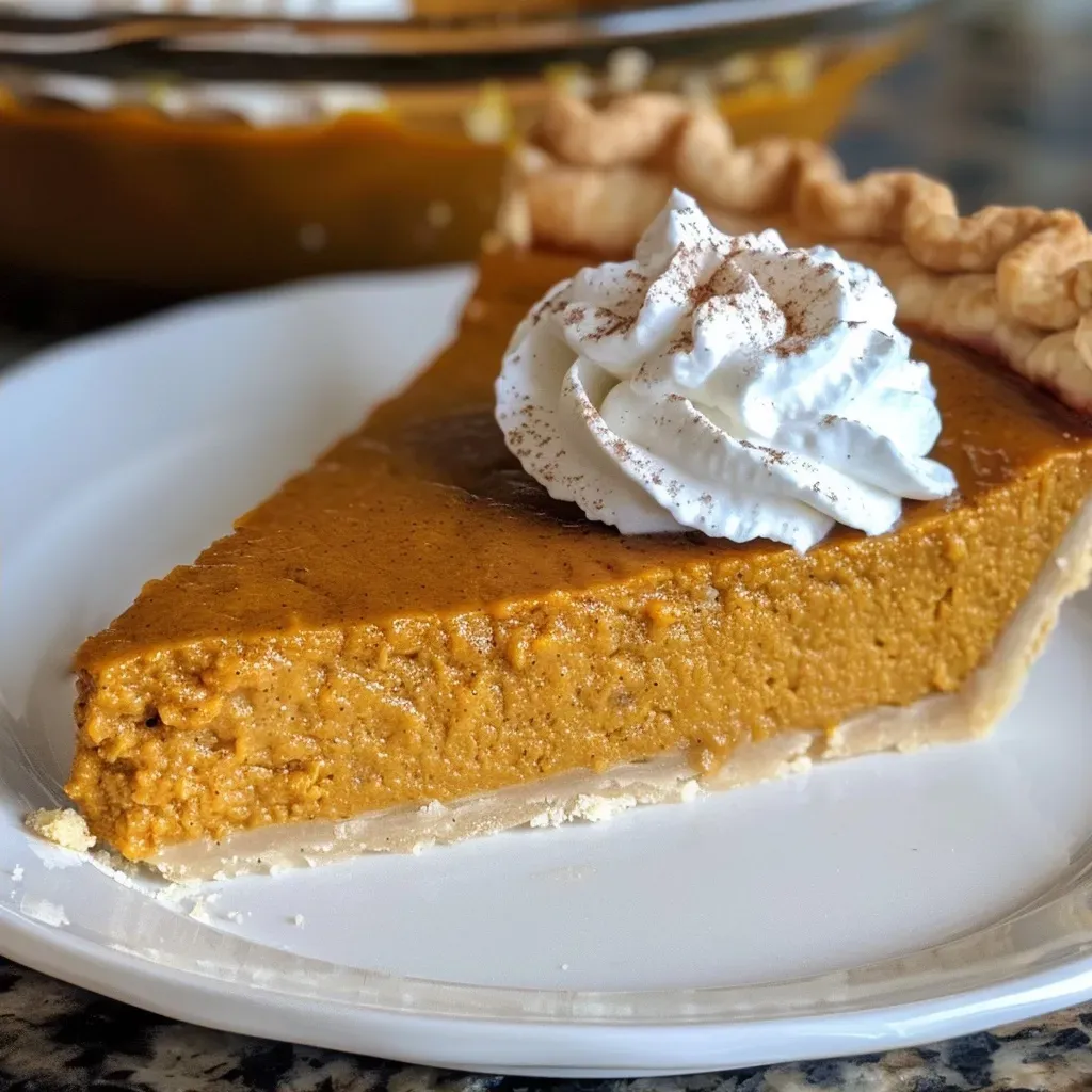 A delicious slice of pumpkin pie with whipped cream on a decorative plate.