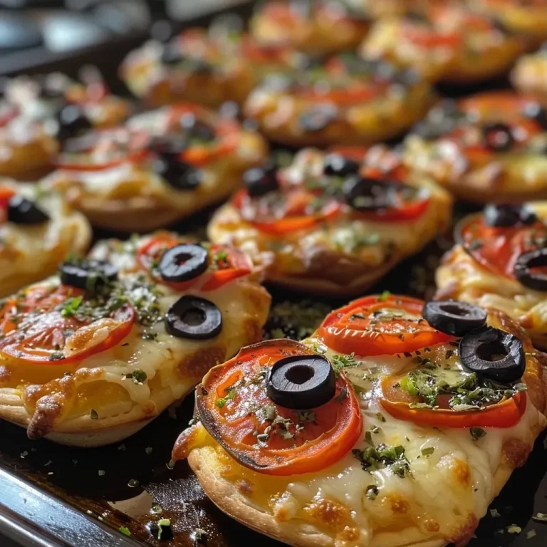Close-up of colorful Edible Monster Pizza Bites showcasing mini frozen pizzas topped with sliced olives.