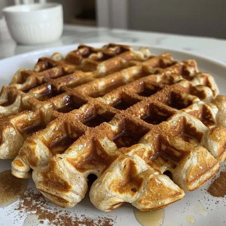 Delightful Eggless Apple Cinnamon Waffles: A Warm Breakfast Hug Close-up image of golden-brown eggless apple cinnamon waffles topped with fresh apple slices.