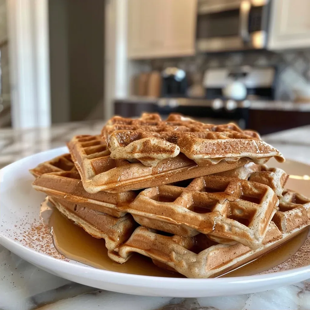 Side view of fluffy apple cinnamon waffles, showcasing a warm, inviting texture and a sprinkle of cinnamon.