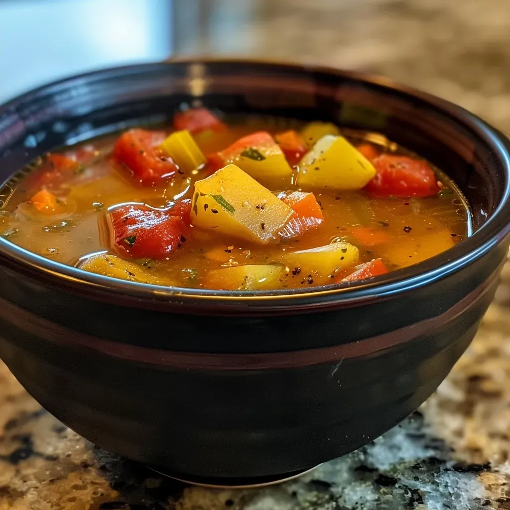 Side view of a warm, steamy bowl of fall harvest vegetable soup filled with fresh produce.