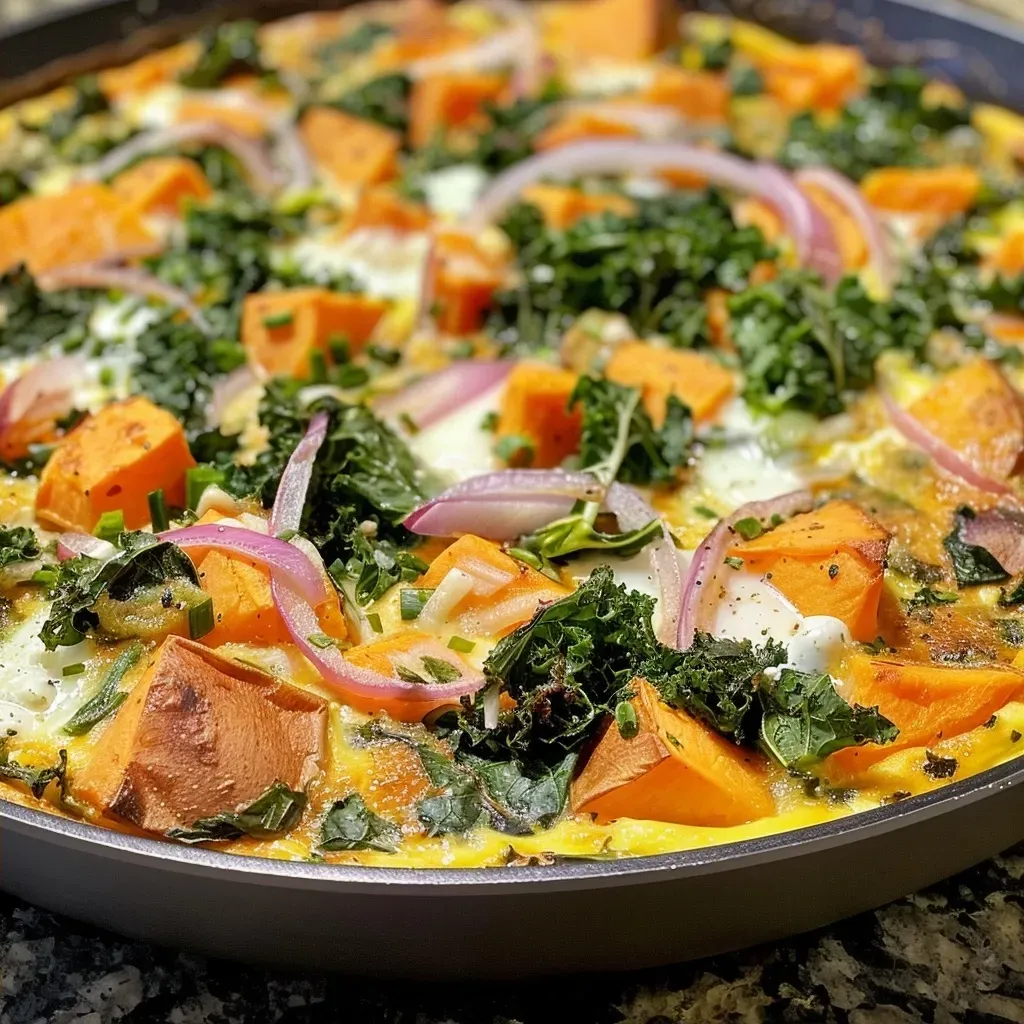 Side view of a deliciously cooked Fall Vegetable Frittata with colorful ingredients.