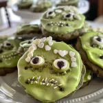 Close-up of vibrant green Frankenstein Cookies adorned with small eyeball sprinkles.