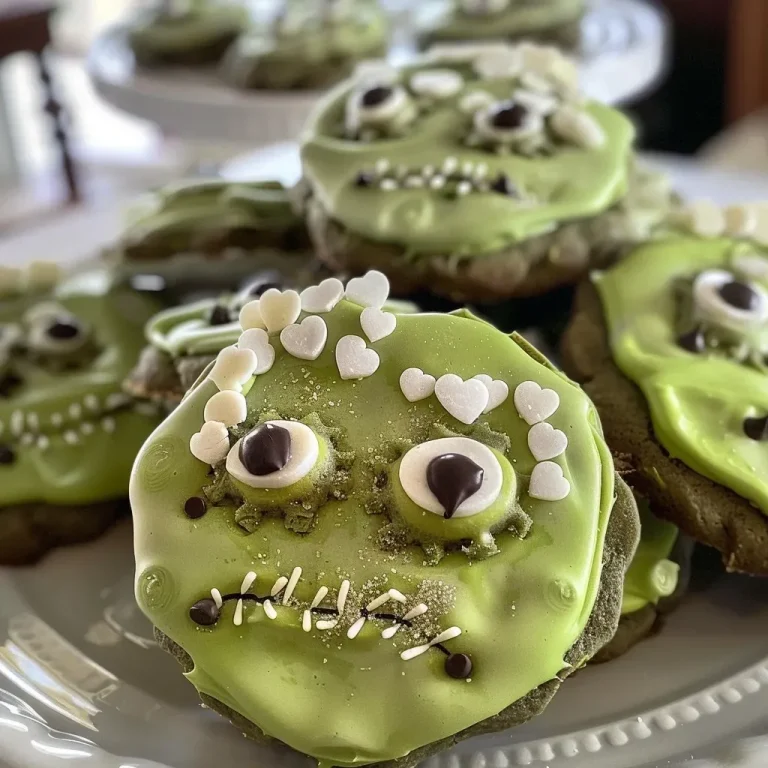 Close-up of vibrant green Frankenstein Cookies adorned with small eyeball sprinkles.