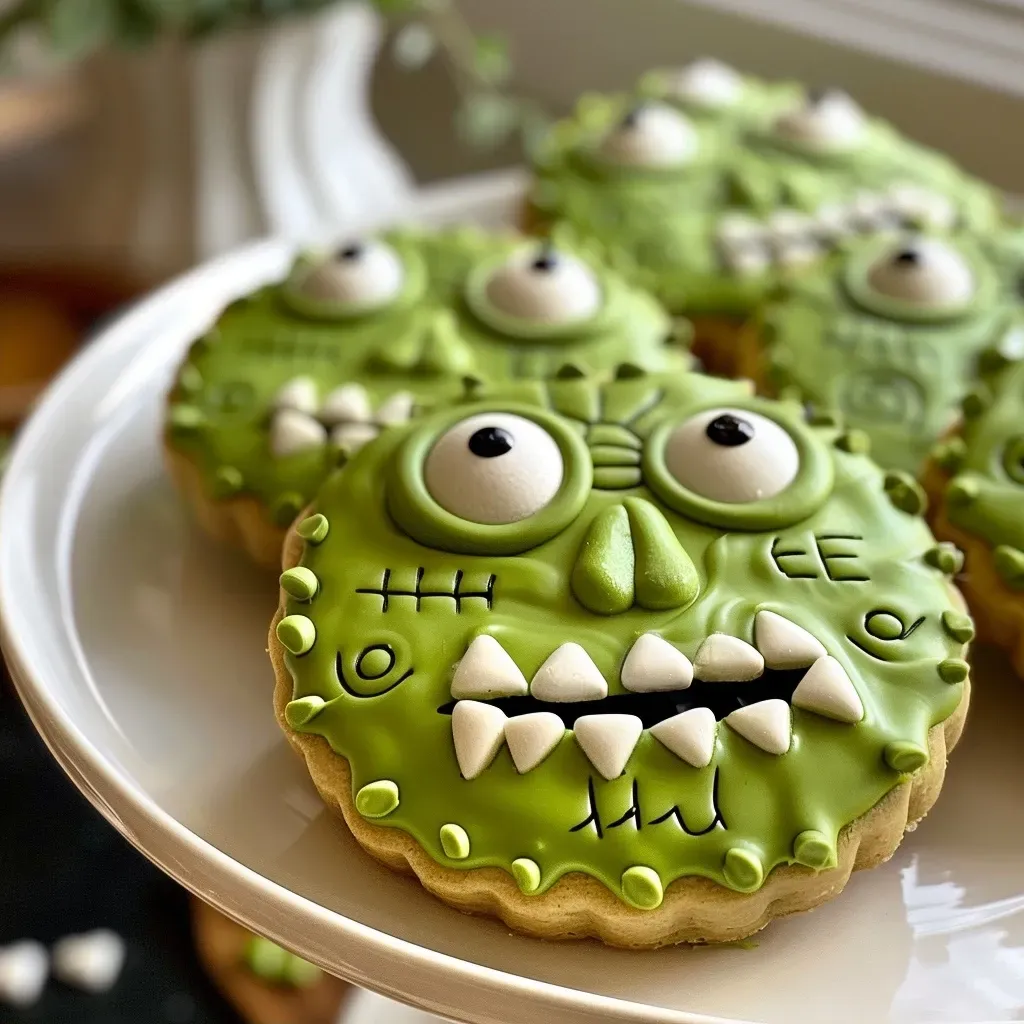 Side view of deliciously styled Frankenstein Cookies with white heart sprinkles and a green hue.