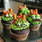 A close-up view of colorful Frankenstein-themed cupcakes topped with candy eyeballs and chocolate sprinkles.