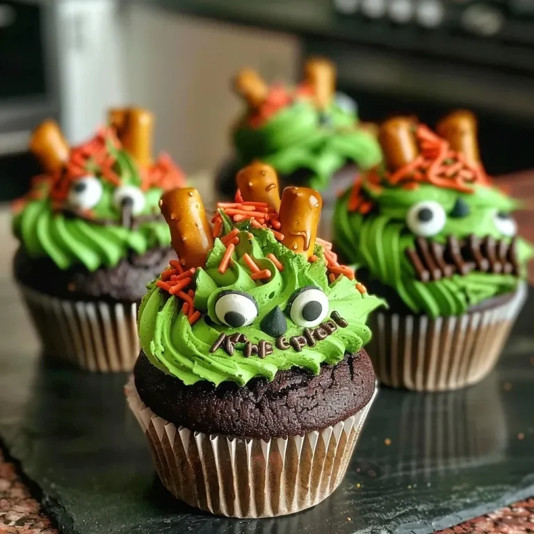Unleashing Your Inner Baker with Frankenstein Cupcakes A close-up view of colorful Frankenstein-themed cupcakes topped with candy eyeballs and chocolate sprinkles.