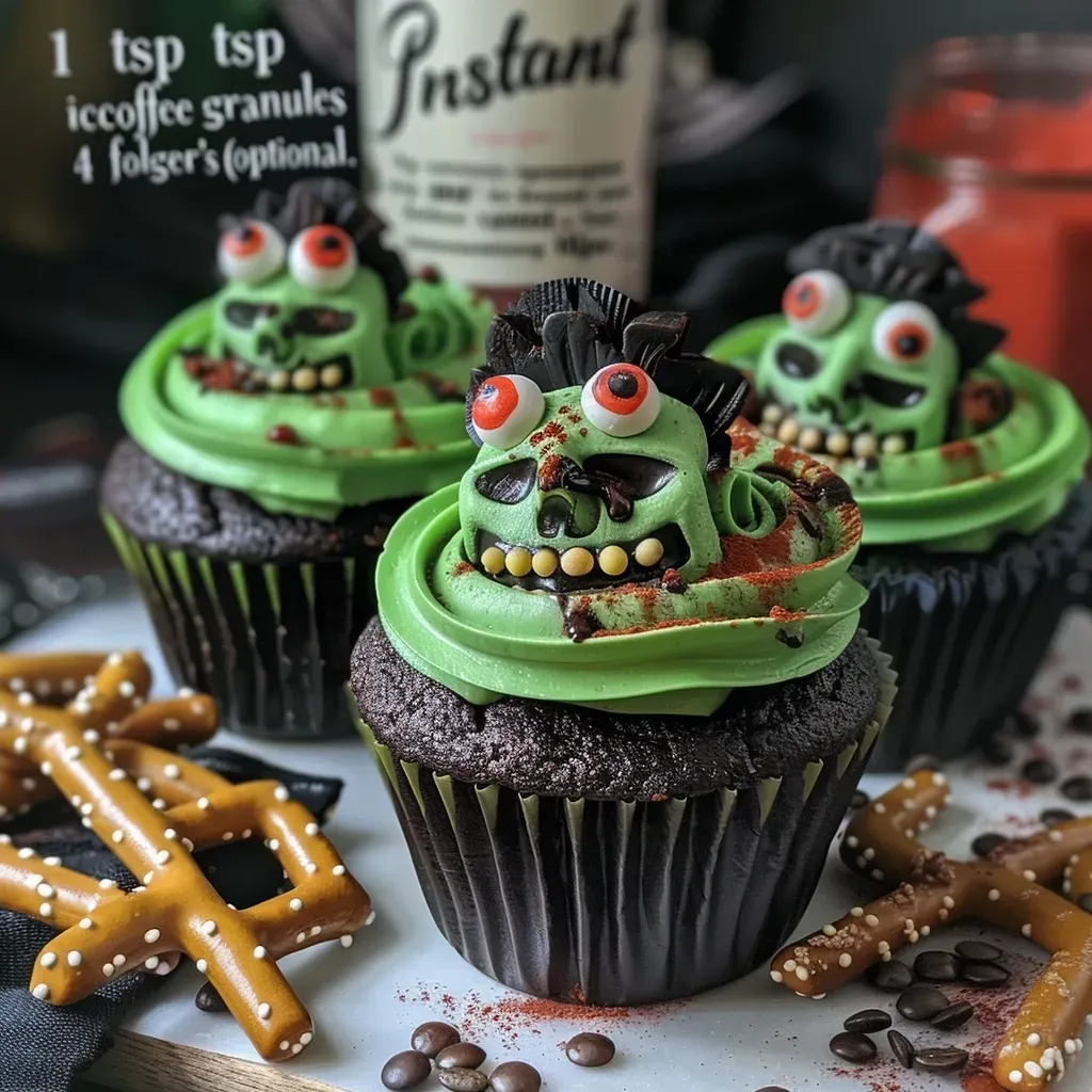 An arrangement of green and black decorated cupcakes resembling Frankenstein's monster, showcasing detailed frosting.