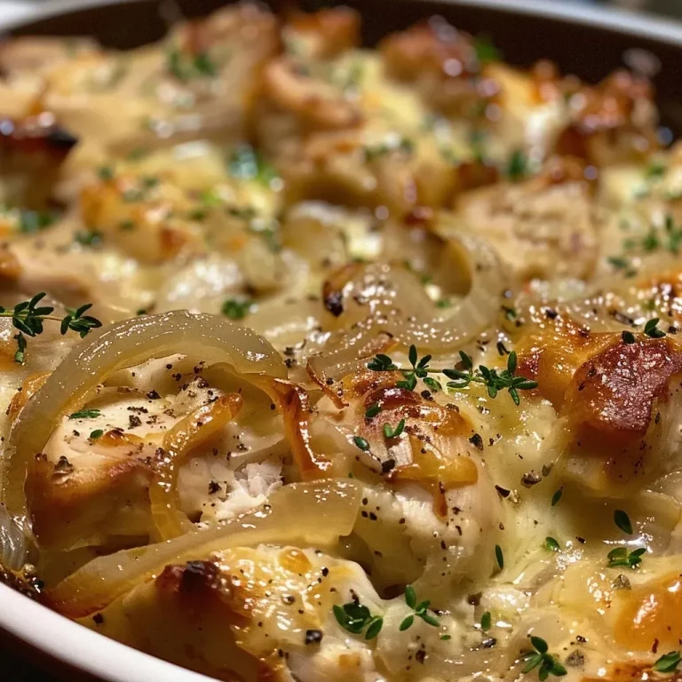 Elevate Your Dinner Game with French Onion Chicken Casserole Close-up view of a French Onion Chicken Casserole with a golden-brown crust and melted cheese on top.