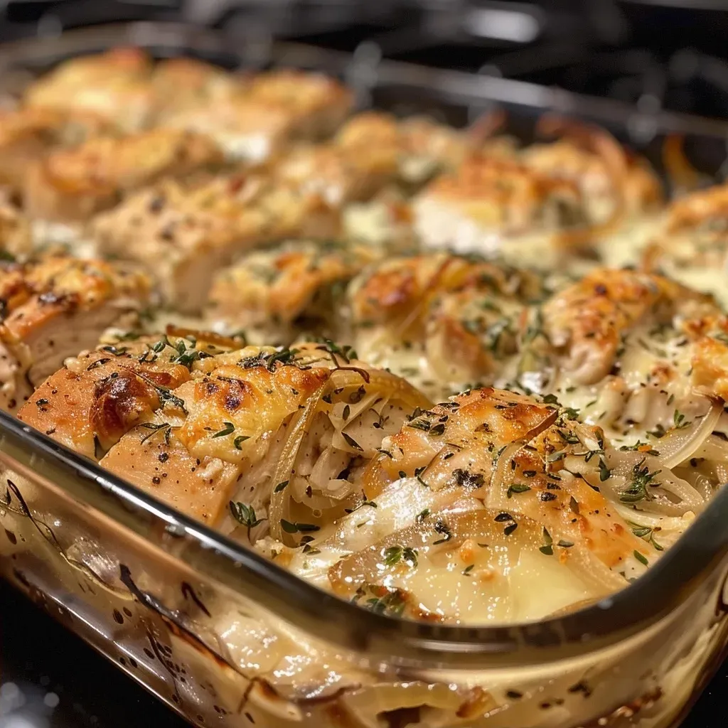 Side view of a juicy French Onion Chicken Casserole with layers of chicken, onions, and cheese.