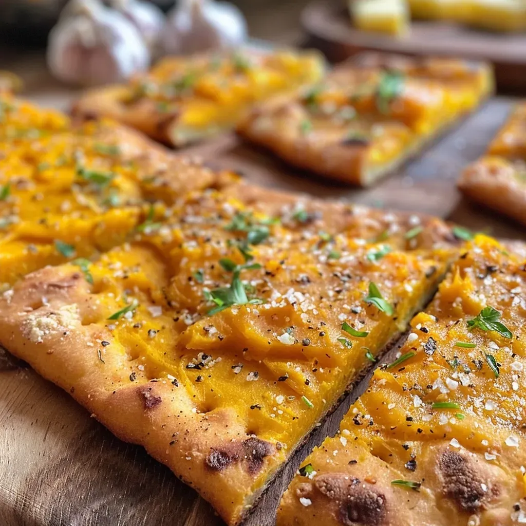 A side view of freshly baked Garlic Pumpkin Flatbread on a wooden surface, with a hint of olive oil glistening.
