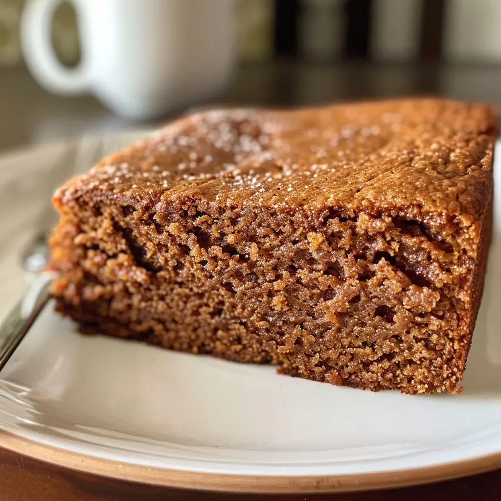 A detailed image of gingerbread cake, highlighting the spiced surface and frosting.