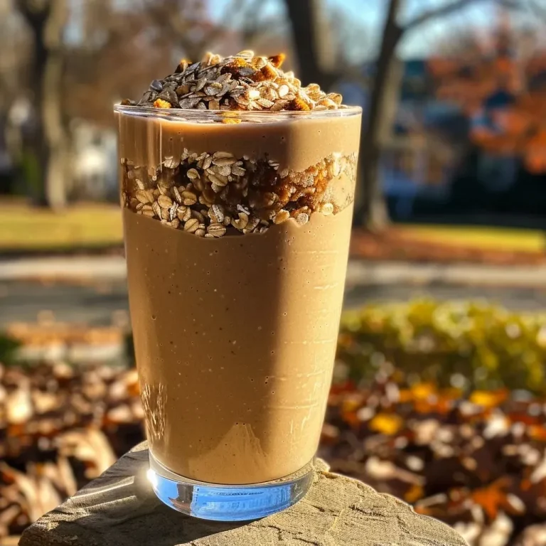 A close-up side view of a frothy gingerbread smoothie in a glass, showing the texture and color.