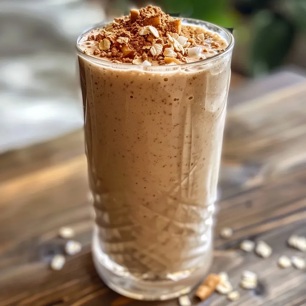 A refreshing gingerbread smoothie with visible spices, garnished with a sprinkle of cinnamon, captured in a side view.
