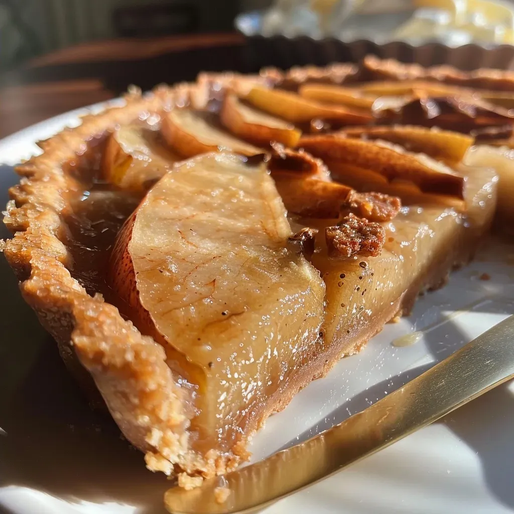 Side view of a vegan ginger pear tart with a flaky crust and a creamy topping.