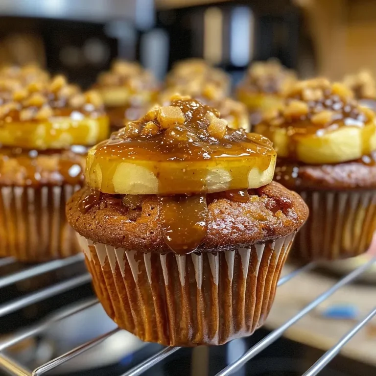Indulge in the Sweet Harmony of Gluten-Free Sticky Toffee Apple Cupcakes A close-up side view of a gluten-free sticky toffee apple cupcake topped with creamy icing and drizzled with toffee sauce.