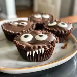 Close-up of a dessert with googly eyes made from chocolate.