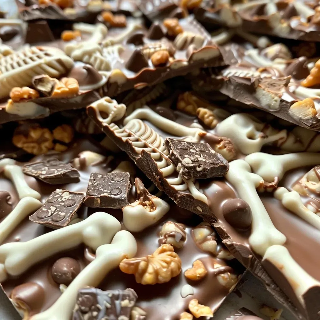 Side view of chocolate bark decorated with spooky skeleton candies.
