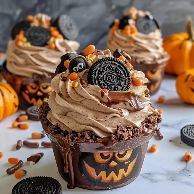 Close-up of Graveyard Pudding Cookie Cups with chocolate pudding and cookie decorations.
