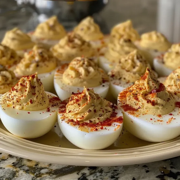 Spooktacularly Delicious: Crafting Adorable Halloween Deviled Eggs Close-up view of Halloween-themed deviled eggs decorated with red bell pepper.