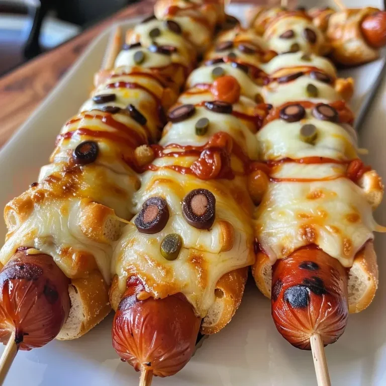 Spooktacular Fun with Halloween Frankenweenie Hot Dogs Close-up view of Halloween-themed hot dogs with pretzel stick legs and mozzarella cheese accents.