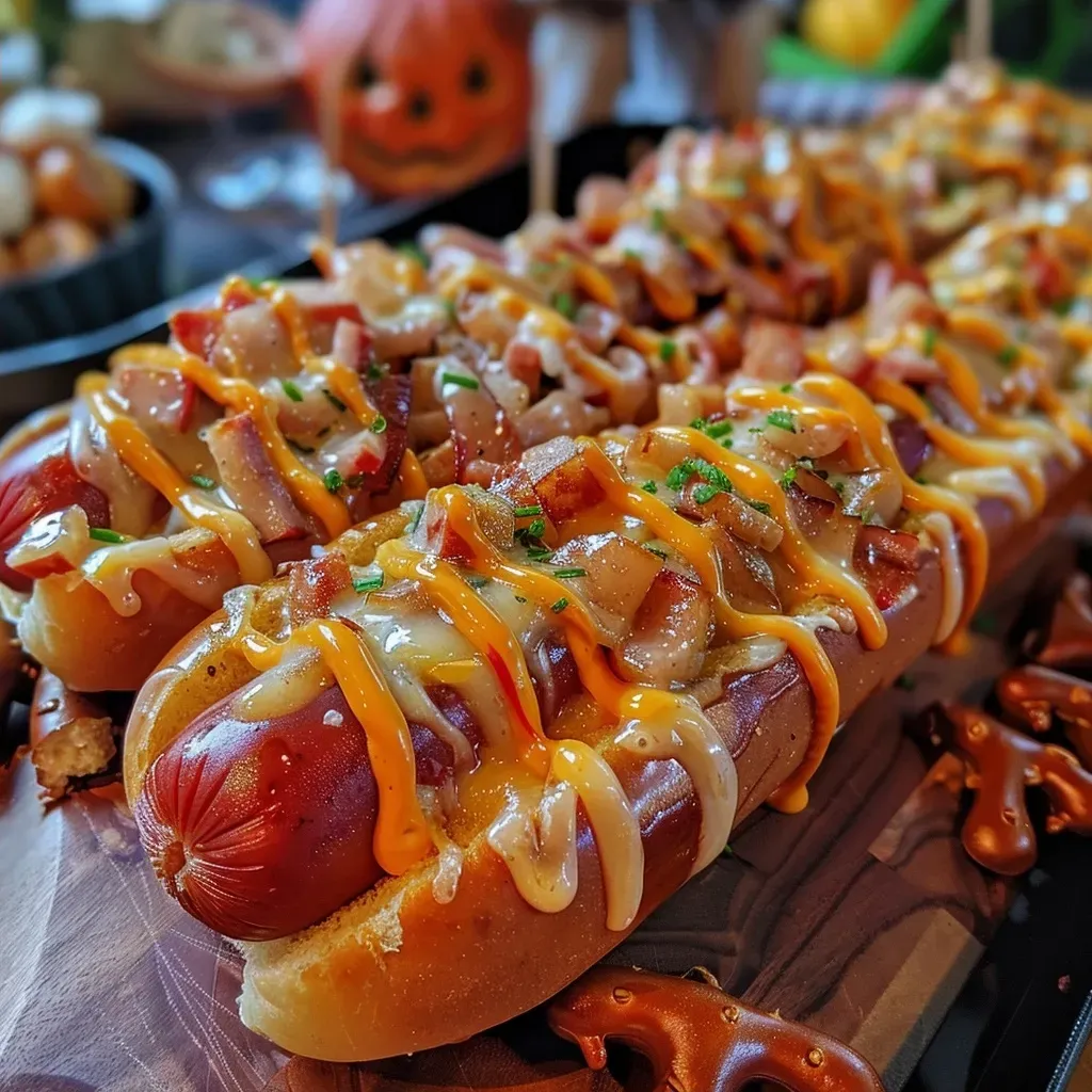 Juicy Frankenweenie hot dogs in buns, decorated for Halloween with pretzel sticks and mustard.