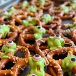Close-up view of colorful Halloween pretzels decorated with candy eyeballs.