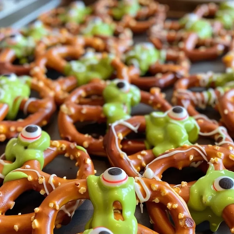 Creepy-Creative Halloween Pretzels That Will Thrill Your Guests Close-up view of colorful Halloween pretzels decorated with candy eyeballs.