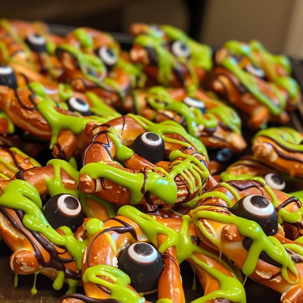 Juicy Halloween pretzels shaped like Frankenstein with green candy coating.