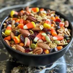 A colorful mix of nuts, dried fruits, and candy displayed in a bowl.