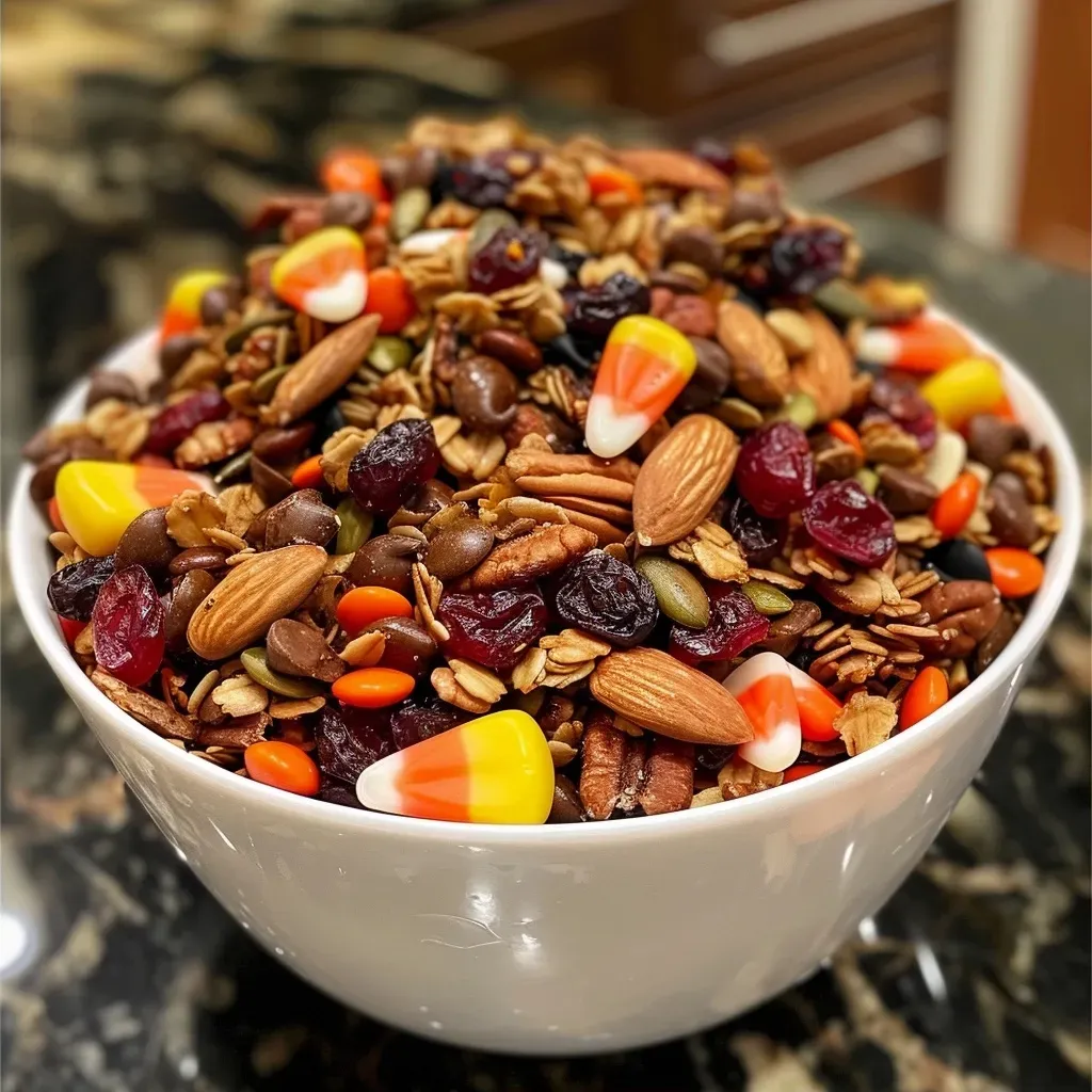 Close-up of Halloween-themed trail mix featuring nuts, chocolate, and candy corn.