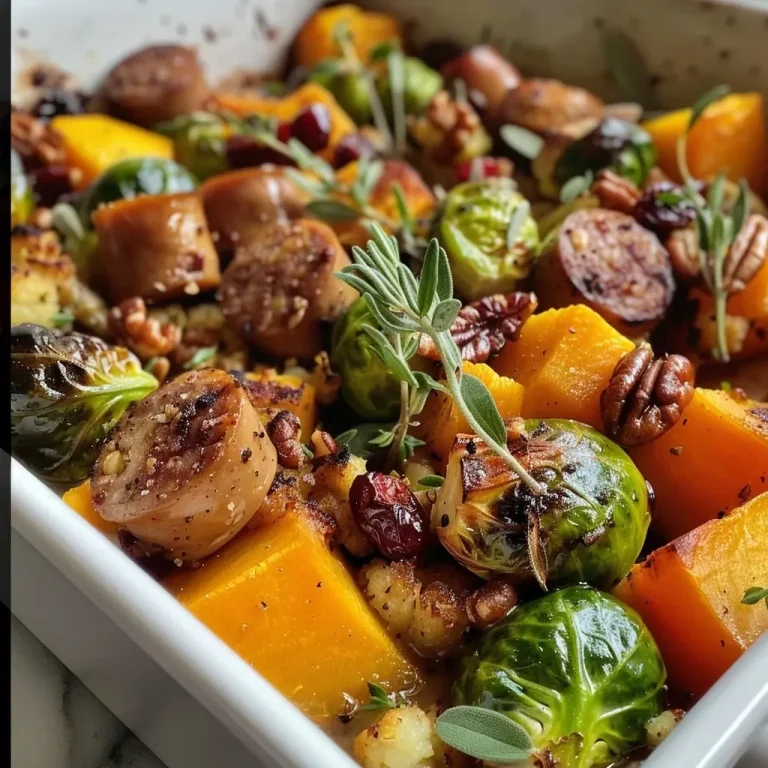 Embracing Seasonal Flavors: The Ultimate Harvest Casserole Recipe Close-up side view of a colorful Harvest Casserole with chicken sausage, butternut squash, and sprouted vegetables.