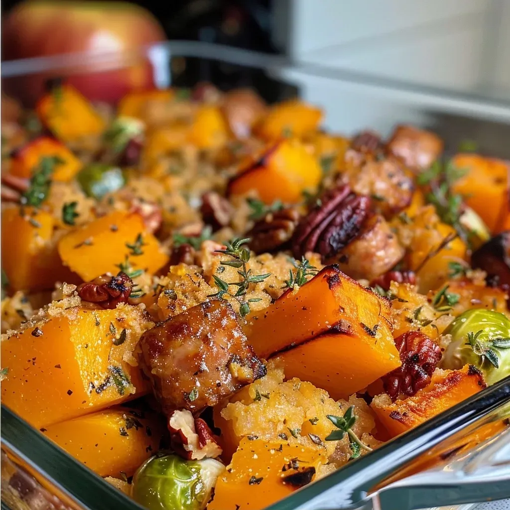 Juicy Harvest Casserole featuring diced apples, pecans, and a variety of vegetables arranged in a rustic dish.